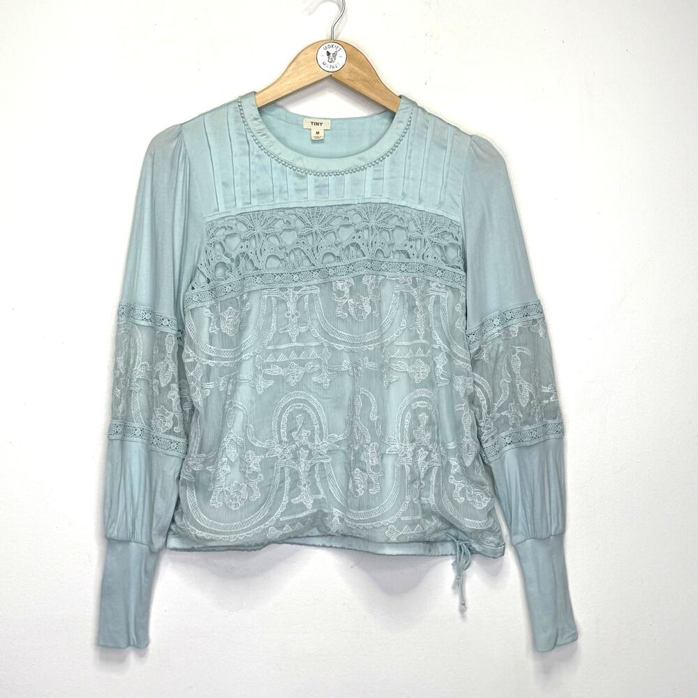 TINY Anthropologie Lace Pintuck Blouse Blue Boho Cottagecore Womens M Romantic